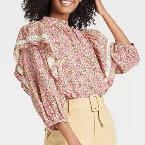 Who What Wear Women's S Pink Floral Peasant Blouse Ruffle Lace Balloon Sleeves